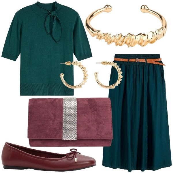 Outfit donna - Focus Donna Curvy per il rientro. Stile Chic per Serata fuori. Abbinamento con gonne lunghe, ballerine, maglieria, orecchini, braccialetti, pochette.