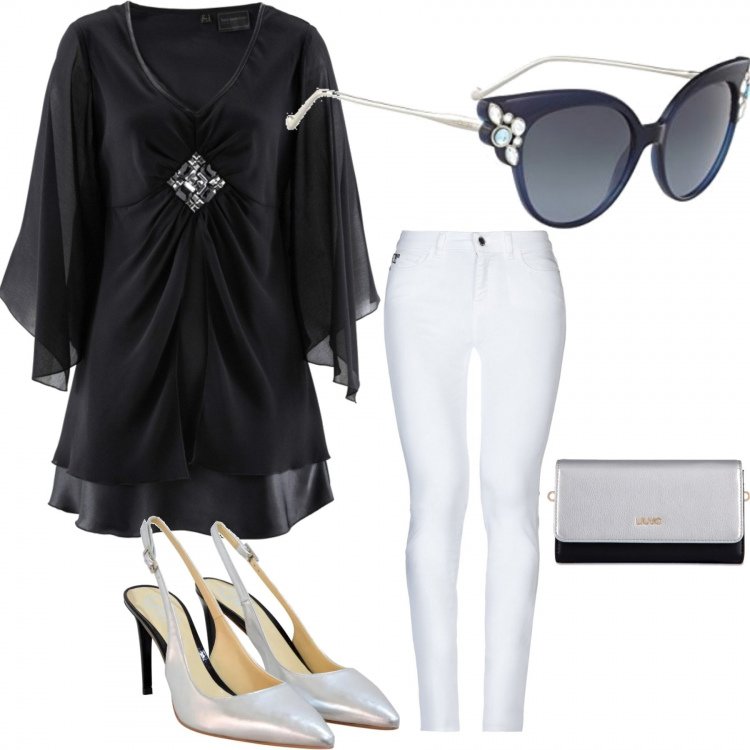 Outfit donna - Work with Style. Stile Urban per Ufficio. look ideale per Tall. Abbinamento con tuniche, pantalone con zip twill, occhiali da sole nero, sandali con cinturino effetto laminato, borsa a tracolla in pelle sintetica.