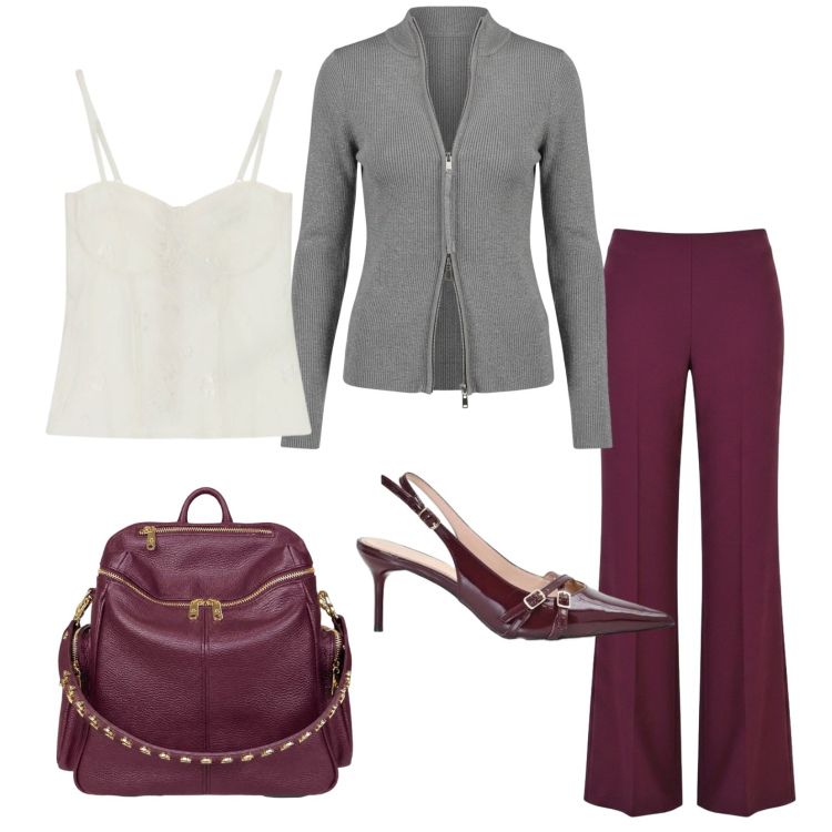 Outfit donna - Domani è lunedì. Stile Casual chic per Ufficio. Abbinamento con top, pantaloni a palazzo, décolleté, zaini, cardigans.