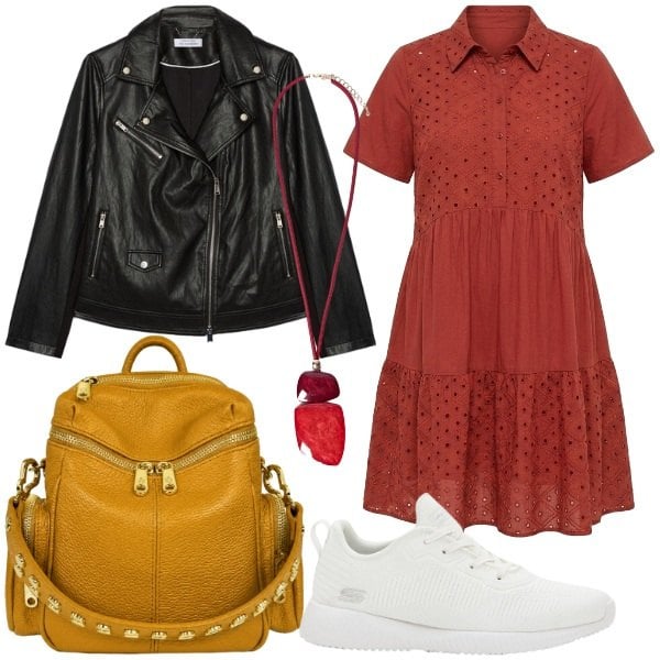 Outfit donna - Donna Curvy al rientro. Stile Chic per Serata fuori. Abbinamento con sneakers, vestiti corti, ciondoli, giacche, zaini.