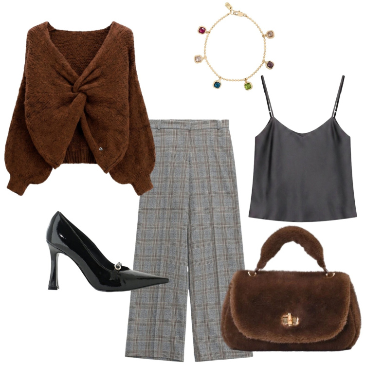 Outfit donna - Martedi. Stile Casual chic per Serata fuori. Abbinamento con pantaloni a palazzo, top, décolleté, borse a mano, maglieria, braccialetti.
