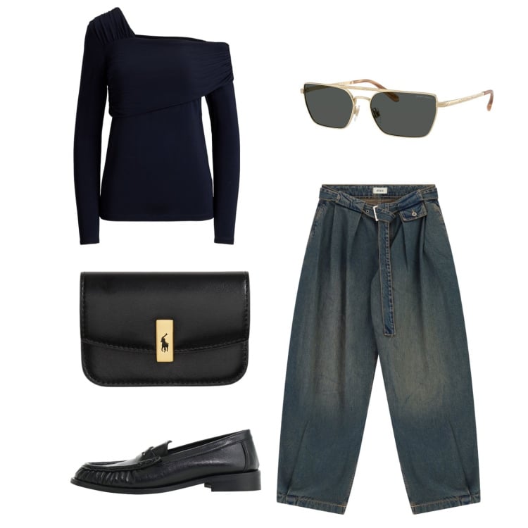 Outfit donna - Domenica con gli amici. Stile Casual per Tutti i giorni. Abbinamento con mocassini, jeans, occhiali da sole, portafogli, top.