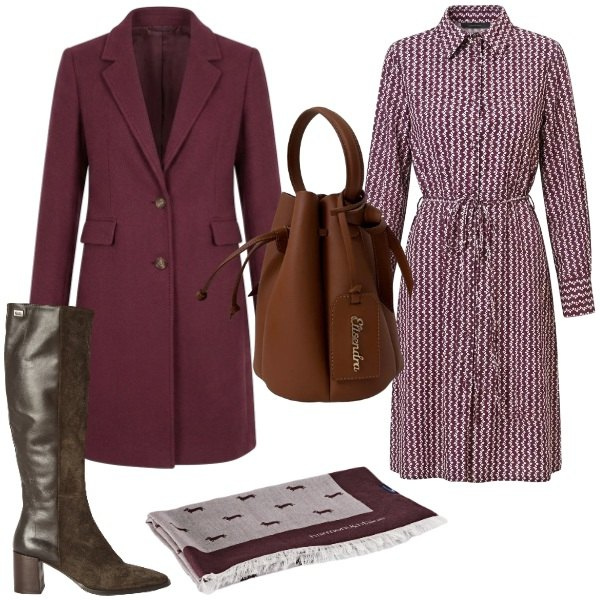 Outfit donna - chemisier autunnale. Stile Glamour per Serata fuori. Abbinamento con sciarpe, stivali, vestiti chemisier, borse a secchiello, cappotti.