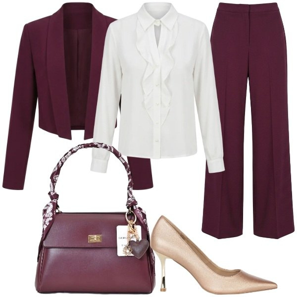 Outfit donna - Dietro la trama FW26 Rinascimento. Stile Glamour per Serata fuori. Abbinamento con blazer, décolleté, pantaloni a palazzo, camicie, borse a mano.