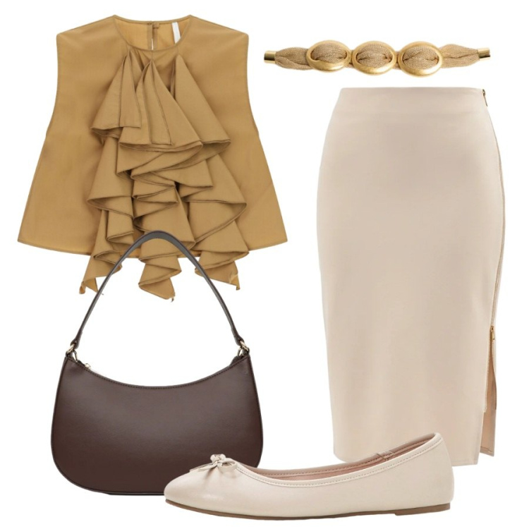 Outfit donna - Romantica in ufficio. Stile Romantica per Ufficio. Abbinamento con ballerine, top, borse a tracolla, gonne longuette, braccialetti.