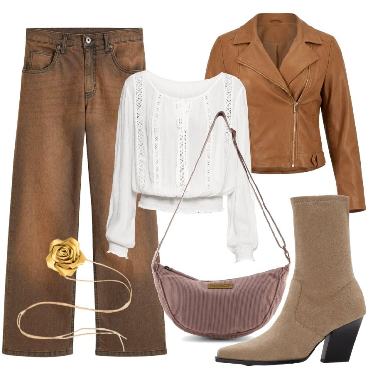 Outfit donna - Autunno e dintorni. Stile Trendy per Serata fuori. Abbinamento con bluse, stivaletti, jeans, giacche, collane, borse a tracolla.