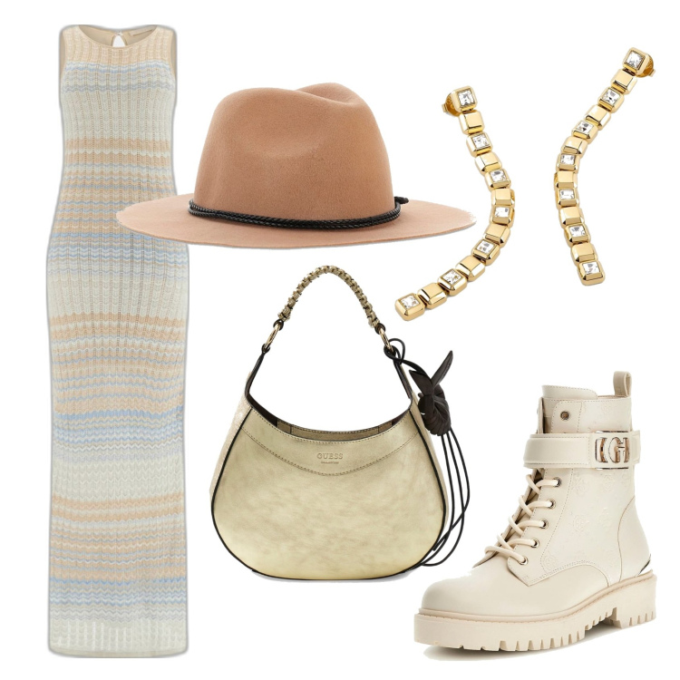 Outfit mujer - Trendy. Estilo Trendy para Todos los días. Combinación con pendientes, anfibios, vestidos largos, bolsos de hombro, sombreros.
