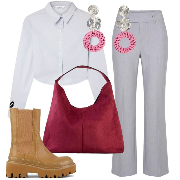 Outfit donna - Accessori in primo piano. Stile Trendy per Tutti i giorni. Abbinamento con borse a spalla, orecchini, camicie, pantaloni, stivaletti chelsea.
