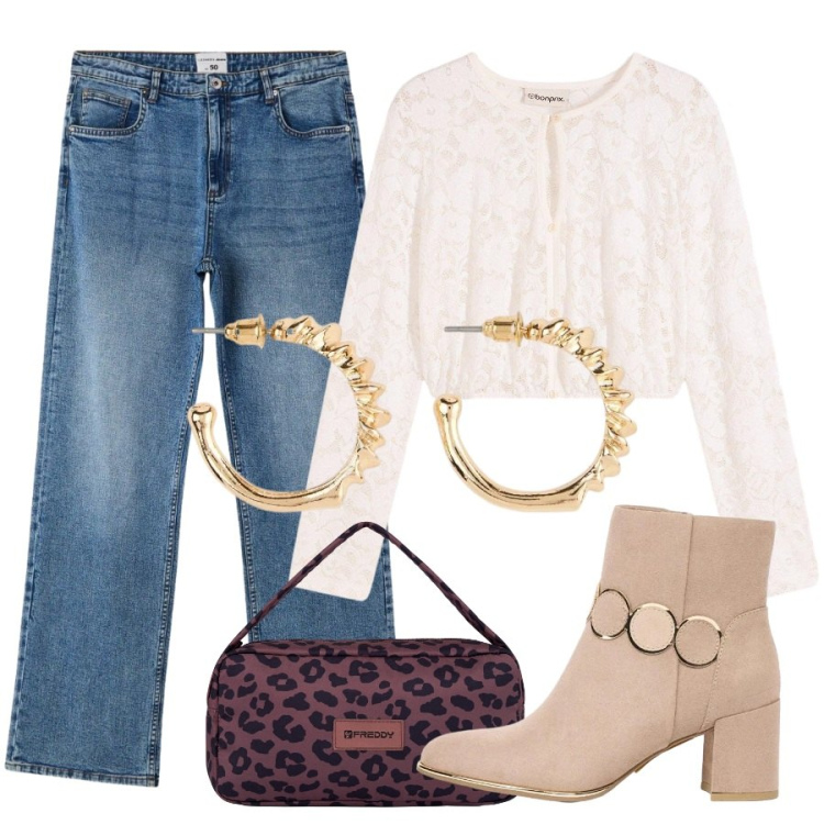 Outfit donna - Total look #2470855. Stile Casual chic per Ufficio. Abbinamento con camicie, orecchini, stivaletti, jeans dritti, borse a spalla.