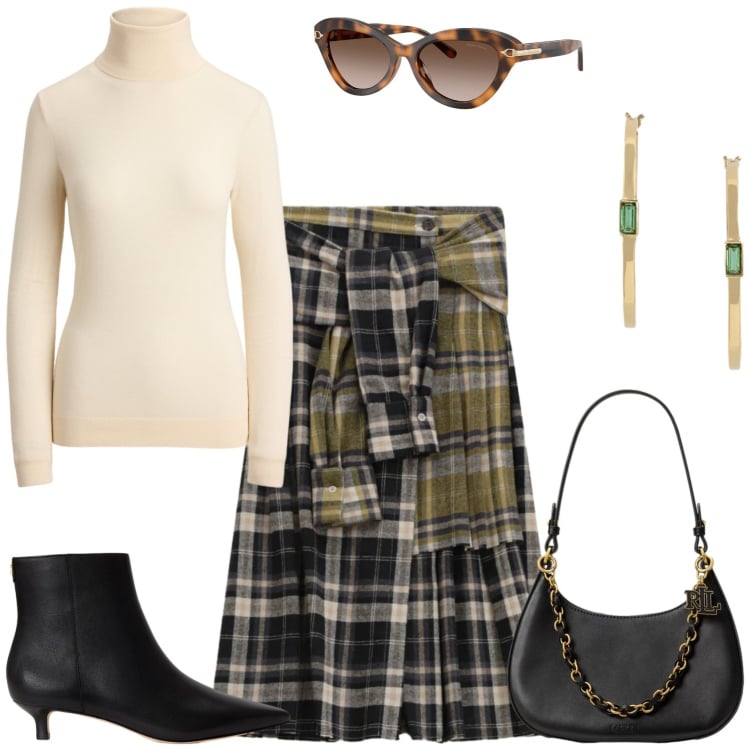 Outfit donna - Tartan aspettando l\'autunno. Stile Casual chic per Tutti i giorni. Abbinamento con gonne longuette, occhiali da sole, stivaletti, orecchini, borse a spalla, pullovers.