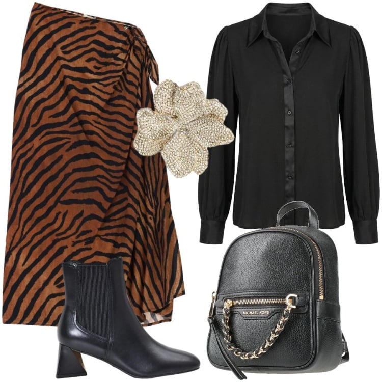 Outfit donna - Non solo nero. Stile Casual chic per Ufficio. Abbinamento con zaini, gonne longuette, stivaletti, camicie, accessori per capelli.