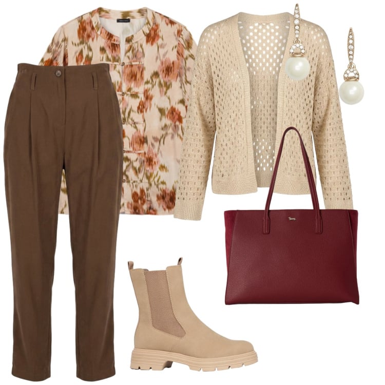 Outfit donna - Autunno. per Tutti i giorni. Abbinamento con stivaletti, shopping bag, bluse, cardigans, pantaloni, orecchini.