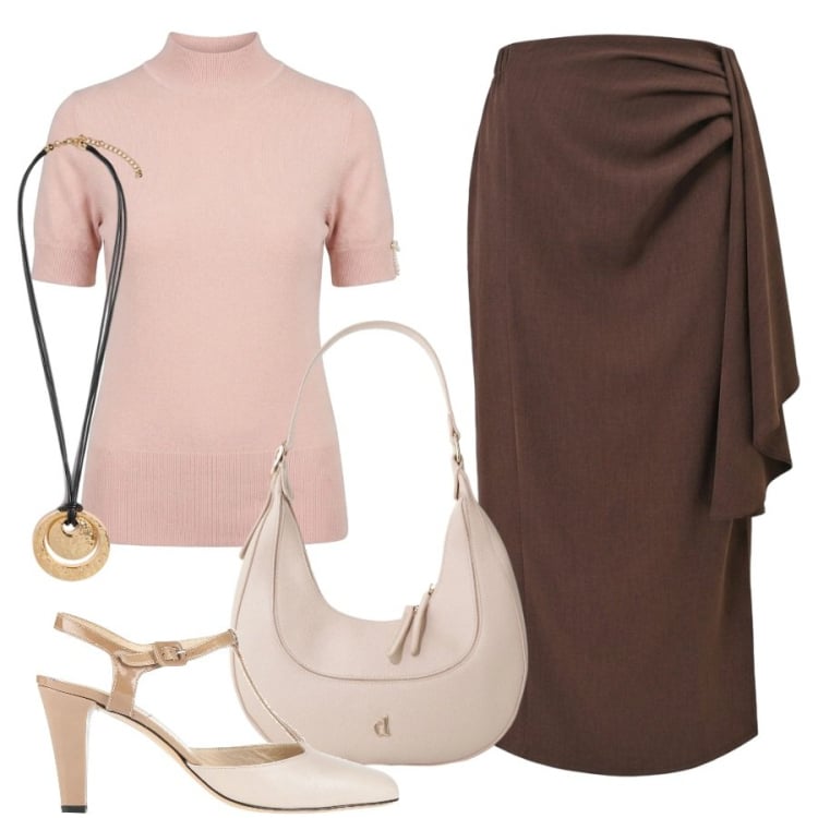 Outfit donna - Rosa in ufficio. Stile Romantica per Ufficio. Abbinamento con décolleté, borse a tracolla, gonne longuette, ciondoli, t-shirt.