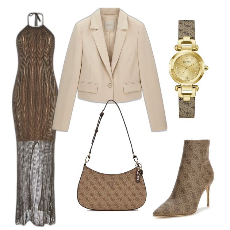 Outfit mujer - Casual #8482. Estilo Casual para Noche/Fiesta elegante. Combinación con blazers, vestidos largos, botines, relojes analógicos, bolsos de hombro.