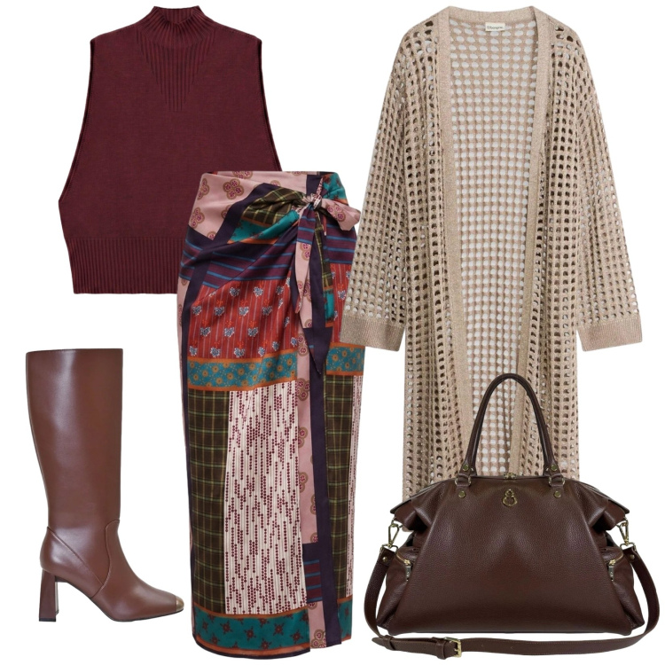 Outfit donna - A lavoro. per Ufficio. Abbinamento con cardigans, gonne lunghe, maglieria, stivali sopra il ginocchio, borse a spalla.