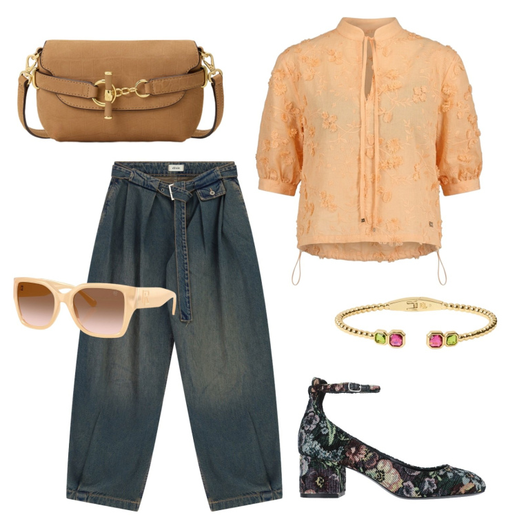 Outfit donna - Pranzo domenicale. Stile Casual chic per Tutti i giorni. Abbinamento con décolleté, bluse, jeans, occhiali da sole, borse a spalla, braccialetti.