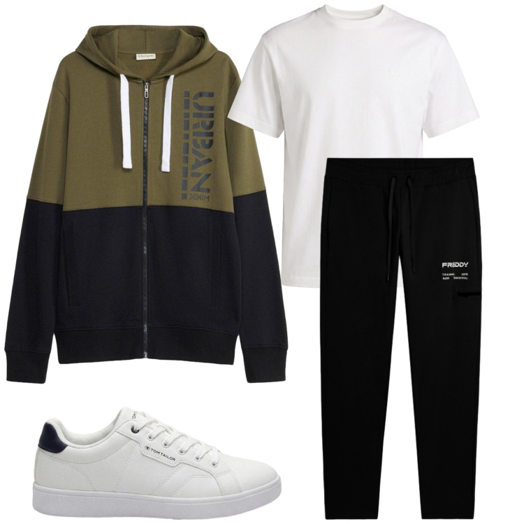 Outfit uomo - Pomeriggio al parco. Stile Casual per Tutti i giorni. Abbinamento con sneakers, felpe con cappuccio, t-shirt, pantaloni.