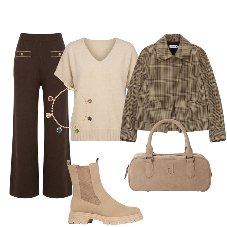 Outfit donna - Principe di Galles fantasia geometrica. Stile Bon Ton per Tutti i giorni. Abbinamento con stivaletti, borse a mano, cappotti, pantaloni, maglieria, braccialetti.