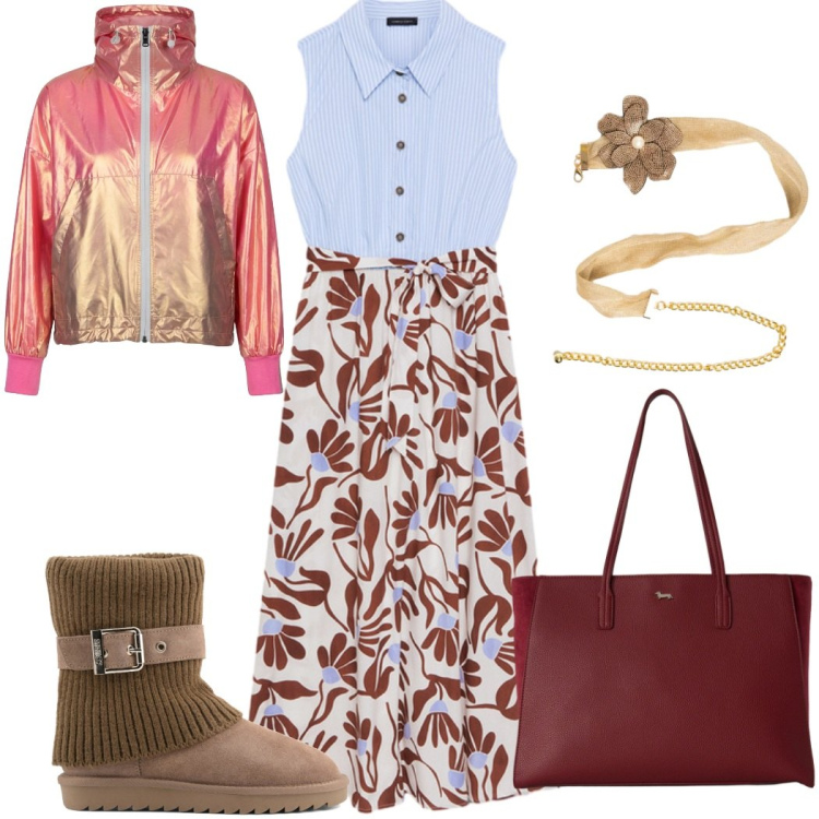 Outfit donna - Chemisier curvy. Stile Romantica per Tutti i giorni. Abbinamento con shopping bag, vestiti chemisier, bomber, cinture, stivaletti.