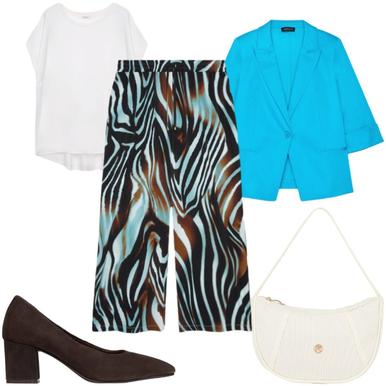 Outfit donna - Eleganza per il rientro - in ufficio. Stile Trendy per Ufficio. Abbinamento con décolleté, borse a mano, bluse, blazer, pantaloni a palazzo.