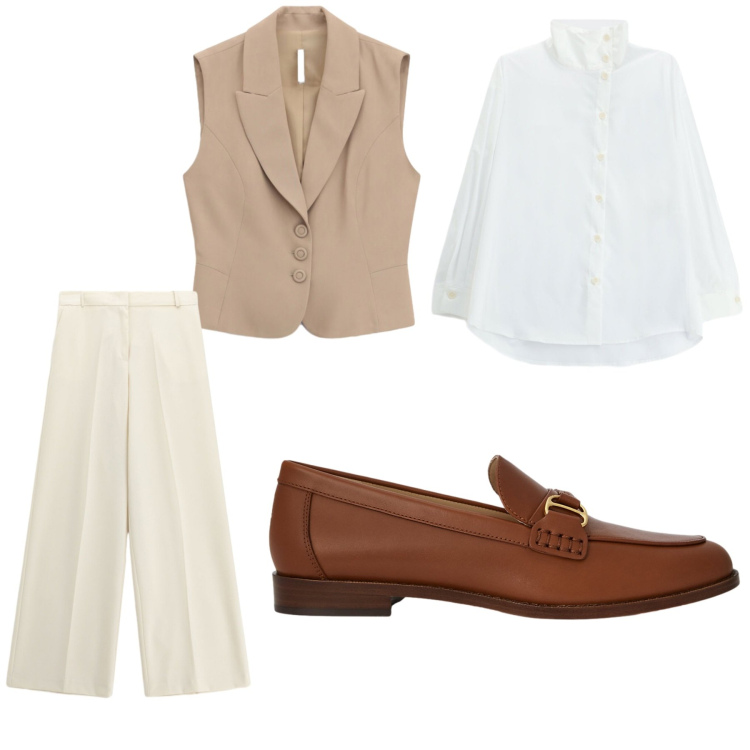 Outfit donna - Chic Urban Layering nei toni del beige. Stile Casual chic per Ufficio. Abbinamento con gilet, pantaloni a palazzo, camicie, mocassini.