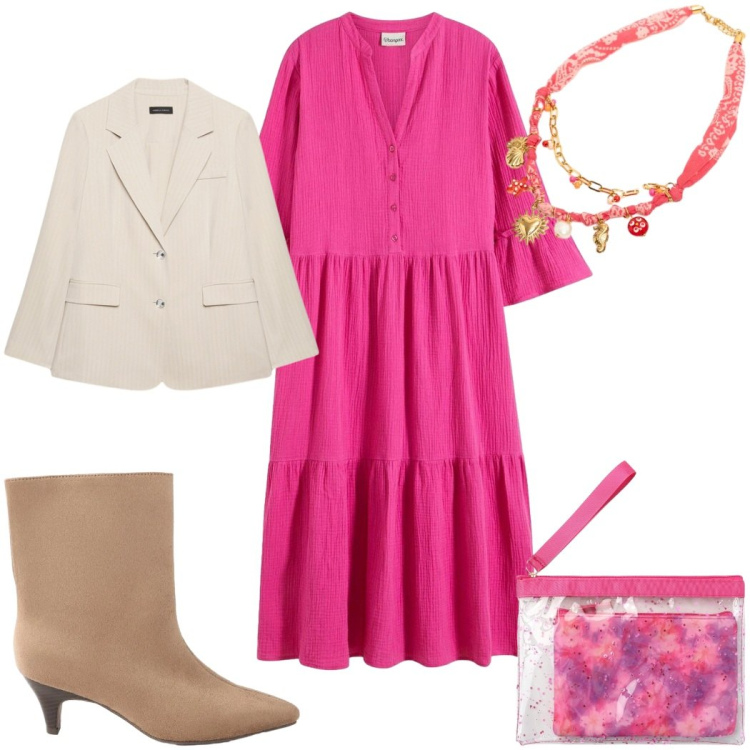Outfit donna - Eleganza per il rientro - in rosa. Stile Etnico per Tutti i giorni. Abbinamento con vestiti midi/longuette, stivaletti, pochette, blazer, collane.