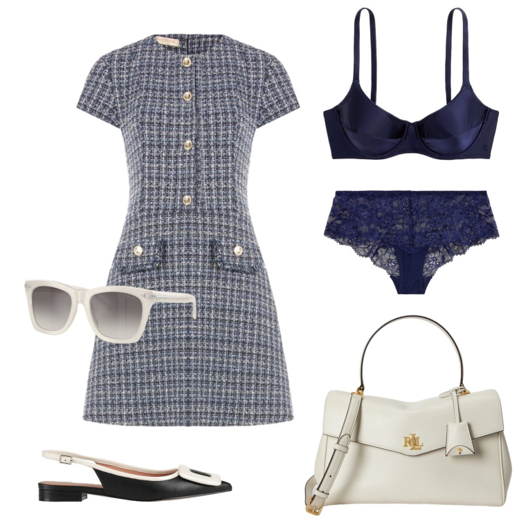Outfit donna - La coda dell\'estate. Stile Bon Ton per Tutti i giorni. Abbinamento con ballerine, vestiti corti, occhiali da sole, culotte, borse a mano, reggiseni.