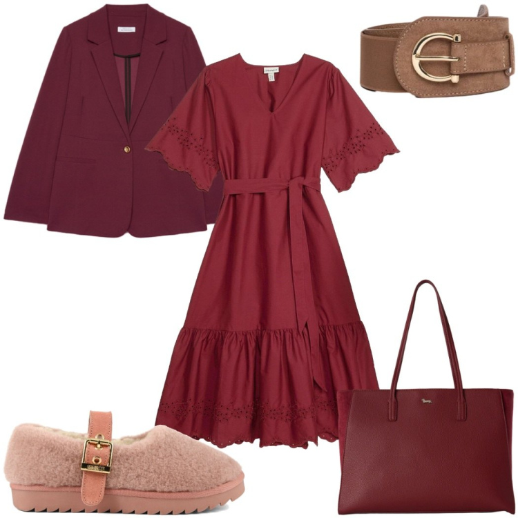 Outfit donna - Eleganza per il rientro - rosso ruggine. Stile Trendy per Tutti i giorni. Abbinamento con vestiti midi/longuette, shopping bag, blazer, cinture, ballerine.