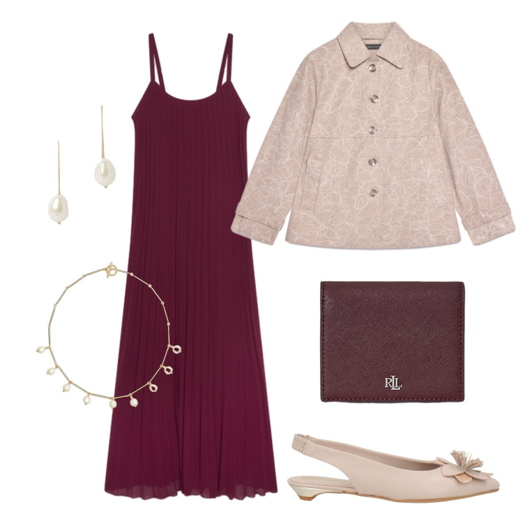Outfit donna - Perfetta per una cerimonia. Stile Bon Ton per Cerimonia. Abbinamento con ballerine, vestiti lunghi, cappotti, portafogli, orecchini, collane.