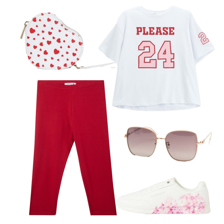 Outfit donna - Domenica in liberta. Stile Basic per Tutti i giorni. Abbinamento con sneakers, leggings sportivo, portafogli, t-shirt sportive, occhiali da sole.