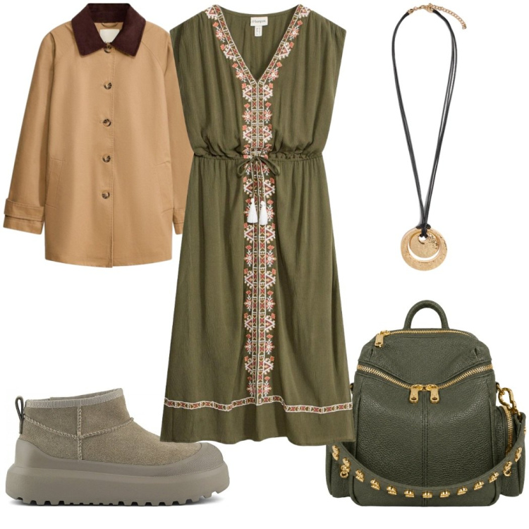 Outfit donna - Eleganza per il rientro - etnico. Stile Etnico per Tutti i giorni. Abbinamento con vestiti midi/longuette, maglieria, ciondoli, zaini, stivali.