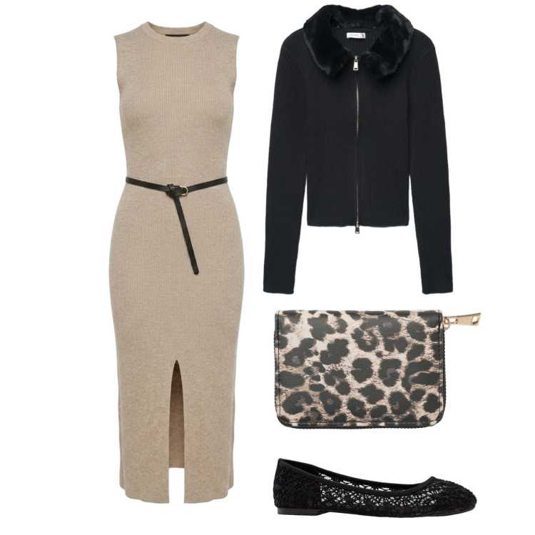 Outfit donna - Stasera al cinema. Stile Bon Ton per Serata fuori. Abbinamento con ballerine, portafogli, cardigans, vestiti midi/longuette.