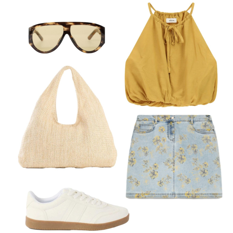 Outfit donna - Pranzo al mare. Stile Basic per Tutti i giorni. Abbinamento con shopping bag, sneakers, occhiali da sole, top, minigonne.