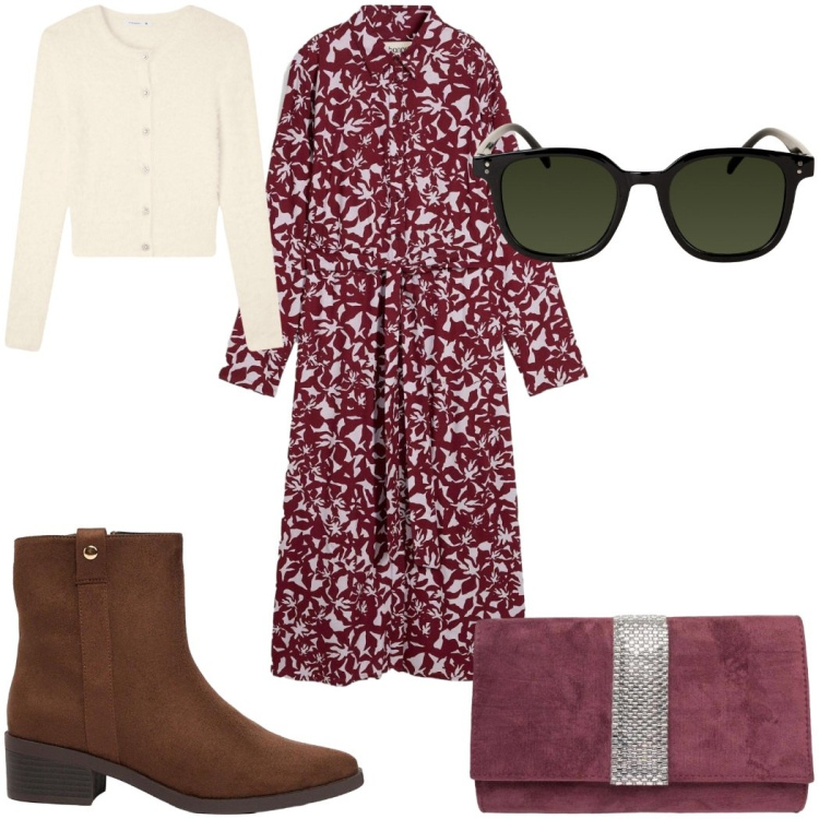 Outfit donna - Il vestito chemisier autunnale è trendy!. Stile Trendy per Tutti i giorni. Abbinamento con stivaletti, vestiti chemisier, cardigans, occhiali da sole, pochette.