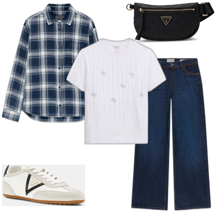 Outfit mujer - Casual #8486. Estilo Casual para Todos los días. Combinación con sneakers, camiseta, vaqueros, riñoneras, camisas.