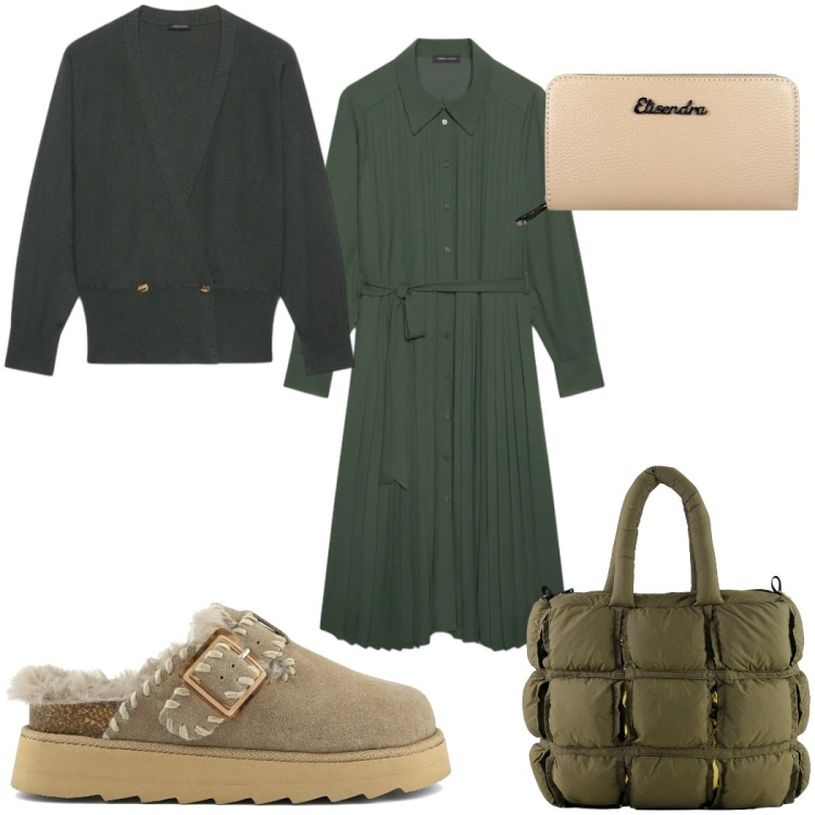 Outfit donna - Il vestito chemisier autunnale verde bos. Stile Trendy per Tutti i giorni. Abbinamento con vestiti chemisier, cardigans, portafogli, borse a mano, sabot.