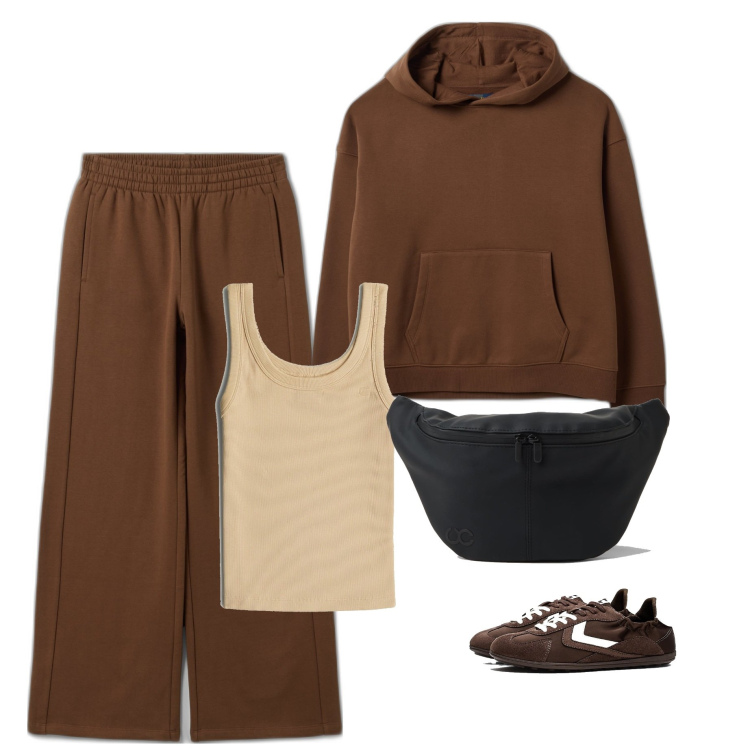 Outfit mujer - Casual chic #12469. Estilo Casual chic para Todos los días. Combinación con top, pantalones, riñoneras, sneakers, sudaderas con capucha.