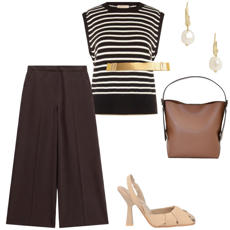 Outfit donna - Comoda di giorno. per Tutti i giorni. Abbinamento con décolleté, pantaloni a palazzo, borse a mano, maglieria, cinture, orecchini.
