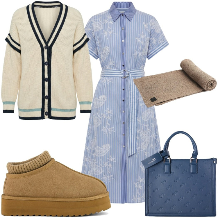 Outfit donna - Lo chemisier è preppy!. Stile Preppy per Tutti i giorni. Abbinamento con vestiti chemisier, cardigans, borse a mano, sciarpe, sabot.