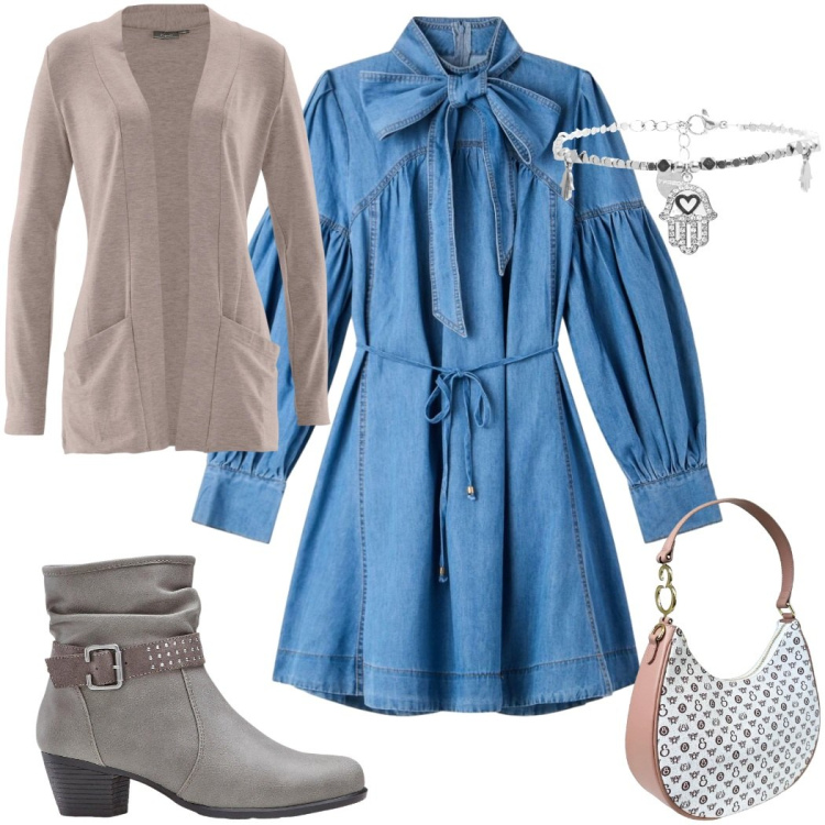 Outfit donna - Il vestito chemisier autunnale :denim. Stile Trendy per Tutti i giorni. Abbinamento con cardigans, stivaletti, vestiti chemisier, braccialetti, borse a spalla.