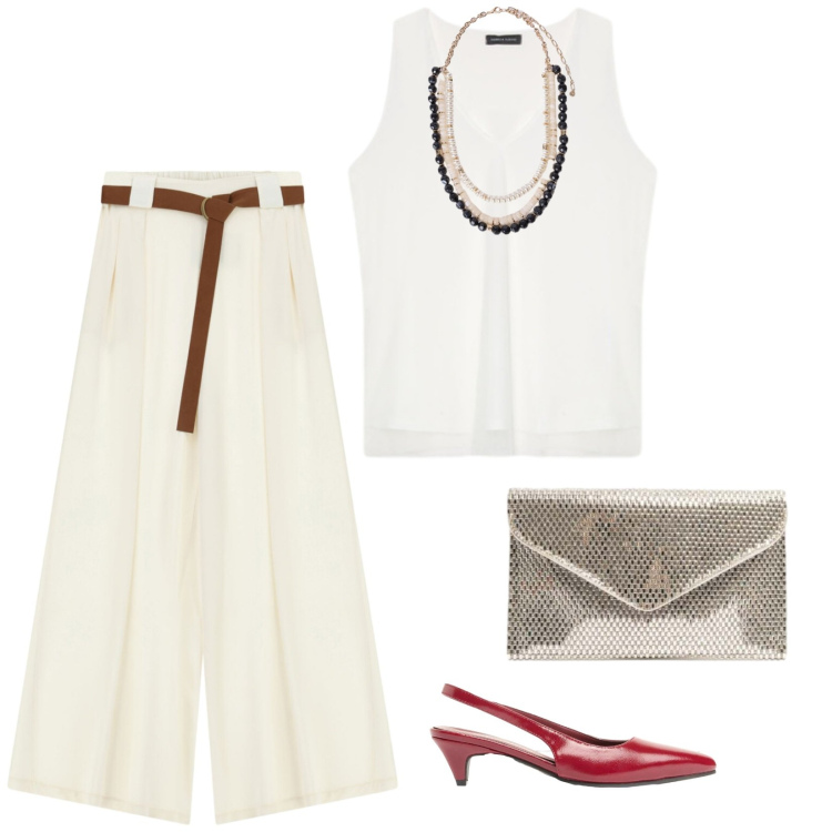 Outfit donna - Di giorno. per Mare. Abbinamento con décolleté, pantaloni a palazzo, top, collane, pochette.