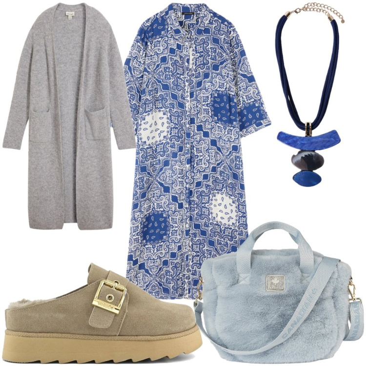 Outfit donna - Il vestito chemisier autunnale etnico. Stile Etnico per Tutti i giorni. Abbinamento con cardigans, vestiti chemisier, ciondoli, borse tote, sabot.