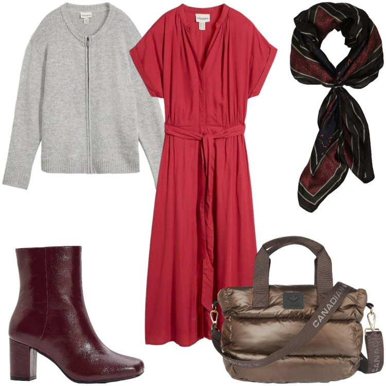 Outfit donna - Il vestito chemisier autunnale : rosso!. Stile Trendy per Tutti i giorni. Abbinamento con stivaletti, vestiti chemisier, cardigans, borse a tracolla, foulard.