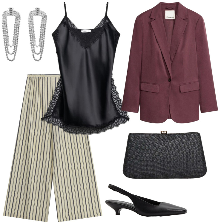 Outfit donna - Stasera a cena fuori. per Serata fuori. Abbinamento con décolleté, blazer, pantaloni a palazzo, orecchini, top, pochette.