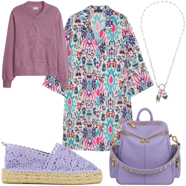Outfit donna - Il vestito chemisier autunnale in viola. Stile Etnico per Tutti i giorni. Abbinamento con cardigans, ciondoli, vestiti chemisier, zaini, espadrillas.