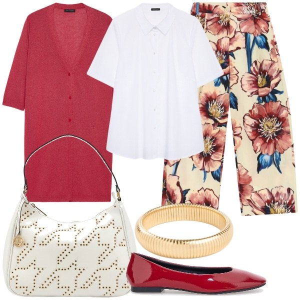 Outfit donna - l\'inizio di una nuova stagione. Stile Glamour per Serata fuori. Abbinamento con braccialetti, pantaloni a palazzo, cardigans, camicie a manica corta, ballerine, borse a tracolla.