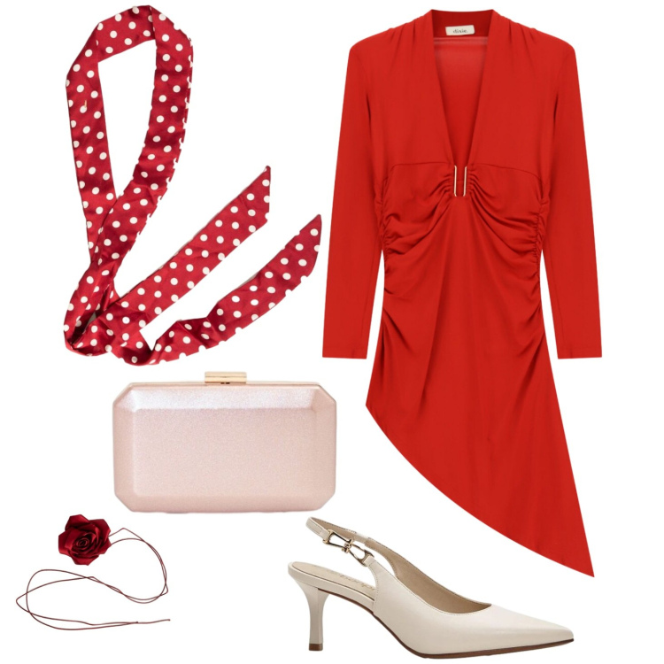 Outfit donna - Aperitivo di settembre. Stile Romantica per Serata fuori. Abbinamento con décolleté, vestiti asimmetrici, clutch, collane, foulard.