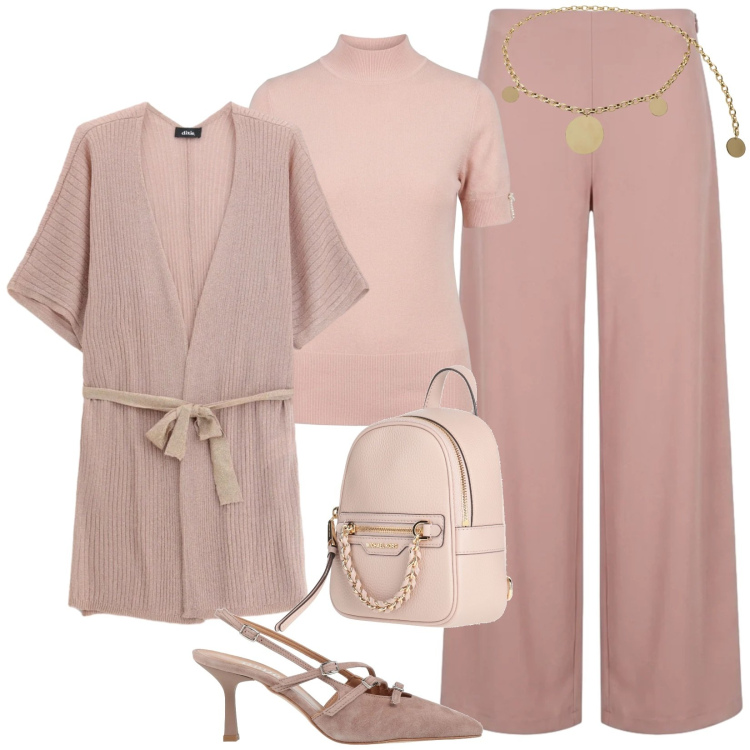 Outfit donna - Total look #2470914. Stile Chic per Tutti i giorni. Abbinamento con zaini, décolleté, cinture, cardigans, pantaloni a palazzo, t-shirt.