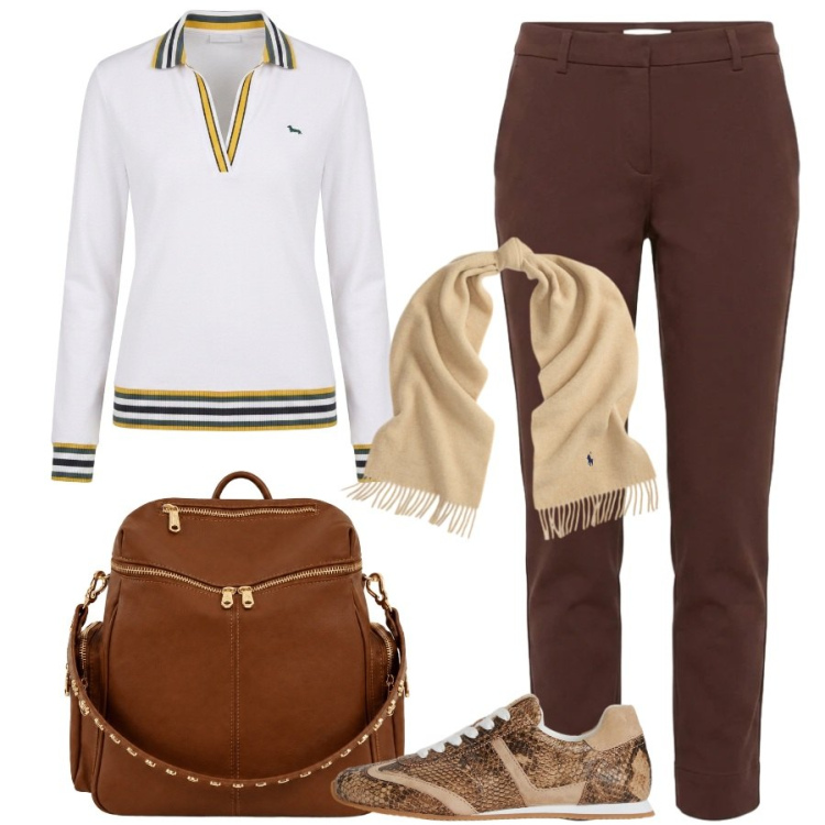 Outfit donna - Oggi scelgo la polo. Stile Sporty chic per Ufficio. Abbinamento con polo, pantaloni, zaini, sciarpe, sneakers.