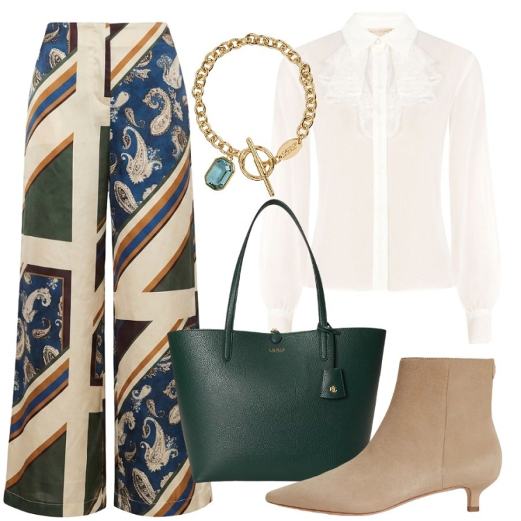 Outfit donna - Raffinata con il verde. Stile Chic per Tutti i giorni. Abbinamento con pantaloni a palazzo, camicie, braccialetti, stivaletti, borse tote.